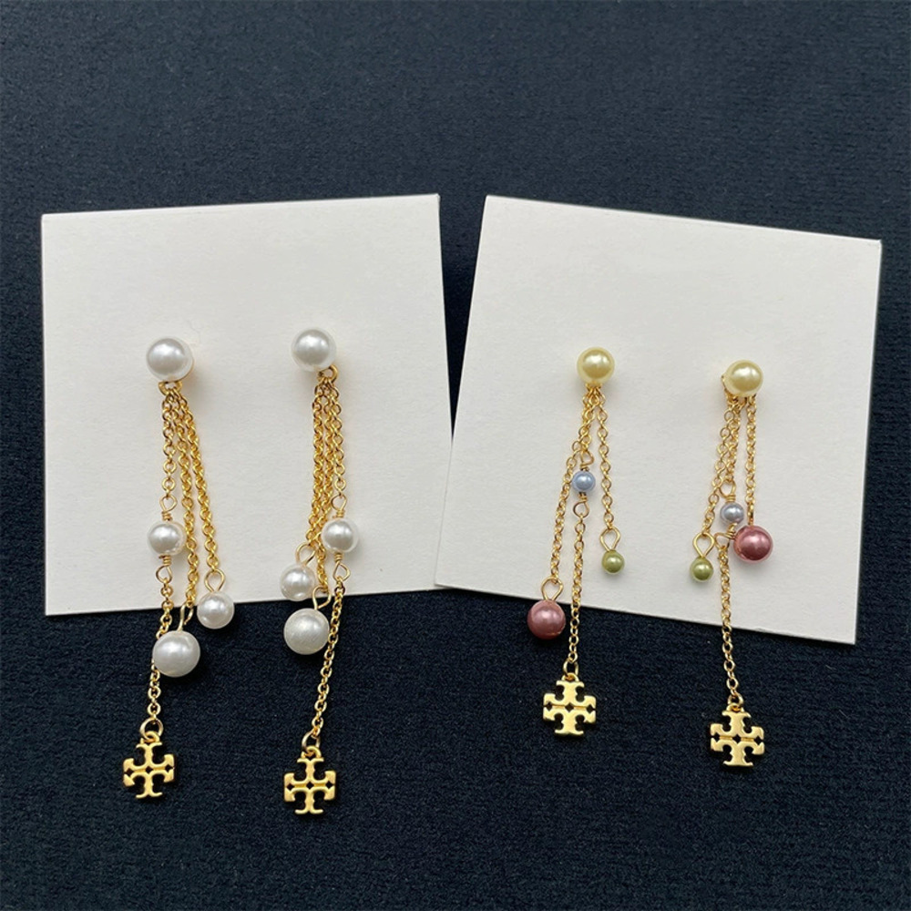 Tory Burch Gold Plated Faux Pearl Linear Double Tassel Drop Earrings